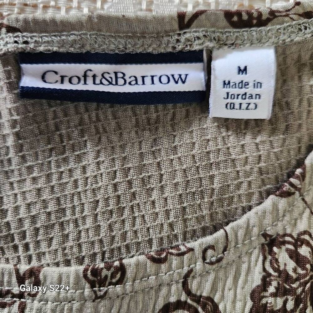 Croft & Barrow dressy Gray-Green top with brown floral pattern 3/4 sleeves Sz M - Picture 6 of 8
